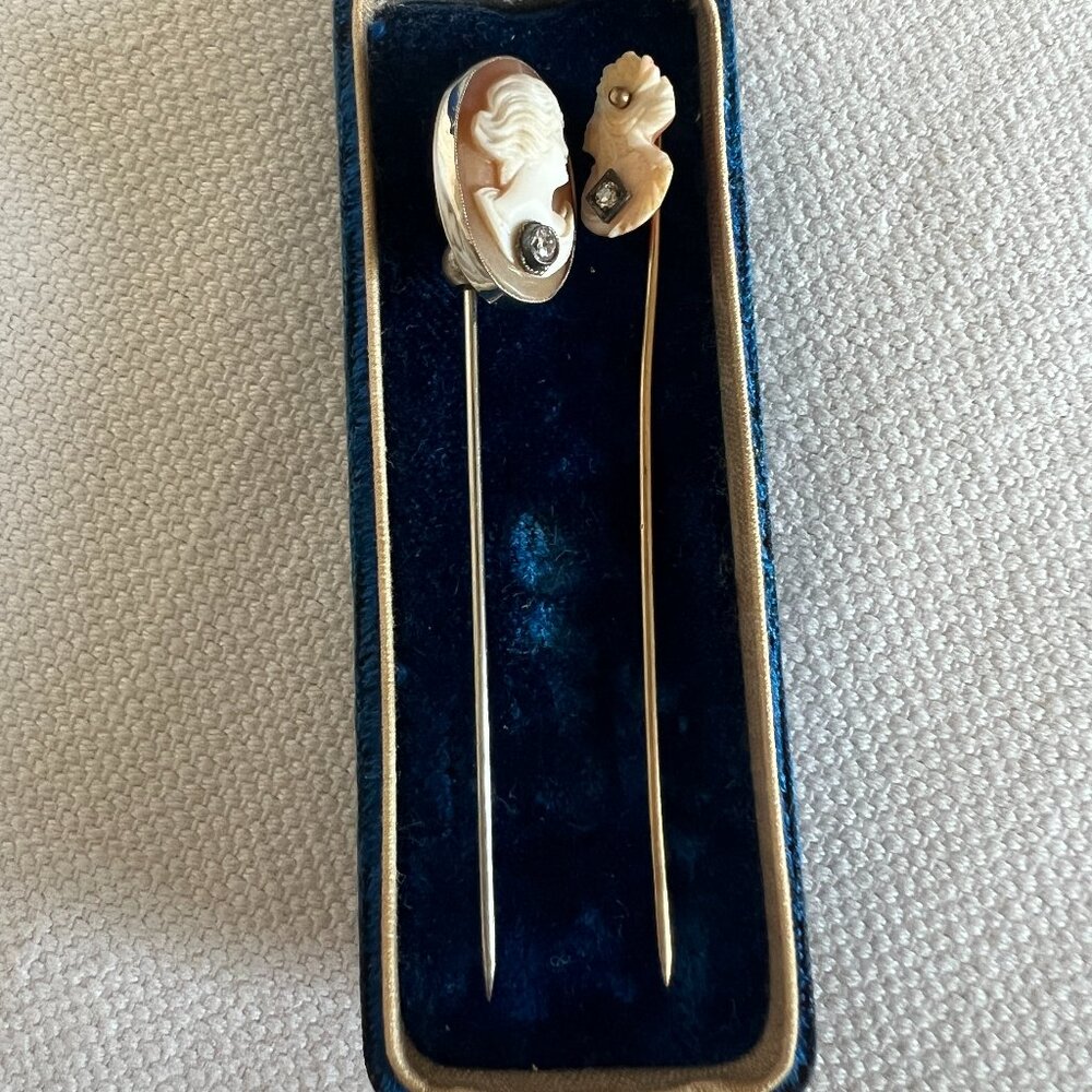 LAST CHANCE Set of 2 Antique Vintage Victorian Cameo Diamond Stick Pins